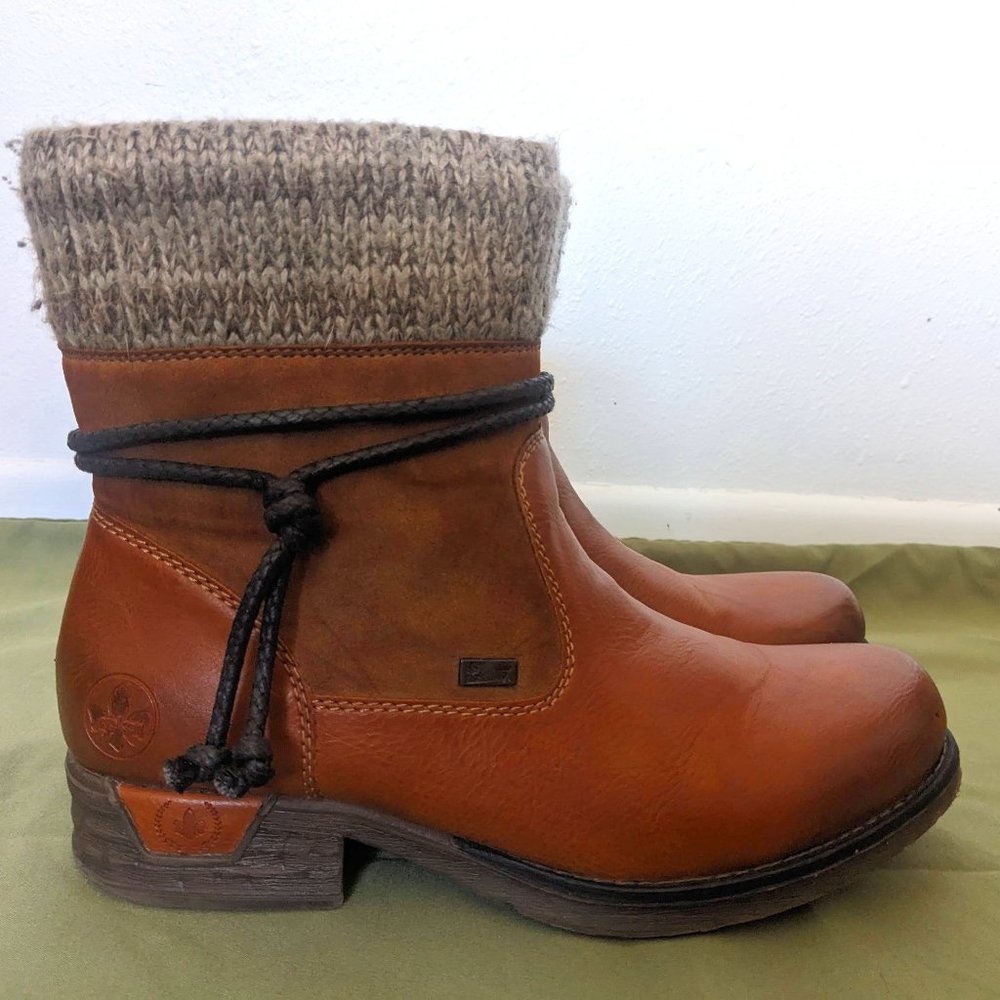 Rieker Fleece Lined Ankle Boots- Size 39- Cayenne Brown with Knitted Cuff
